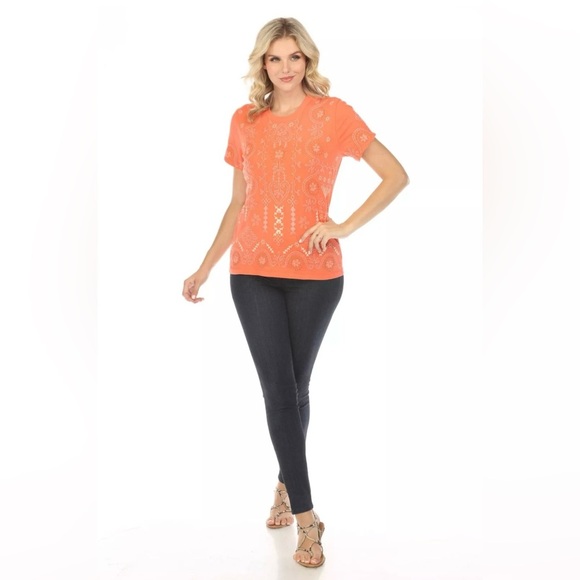 Johnny Was JWLA Faye Crew Neck Tee Size Small in Living Coral Boho Chic - Picture 12 of 12